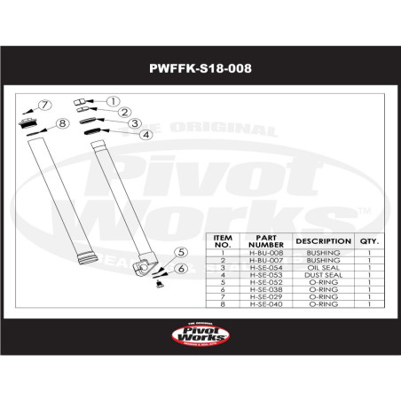 Kit réfection de fourche (joints et bagues) PIVOT WORKS pour SUZUKI RM 85 de 2002 à 2017