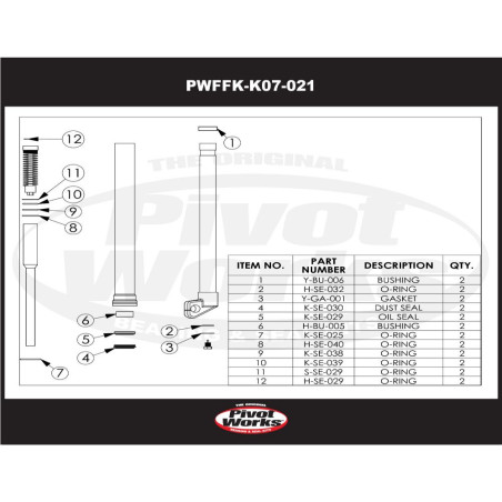 Kit réfection de fourche (joints et bagues) PIVOT WORKS pour KAWASAKI KX 125, KX 250 de 2005 à 2007
