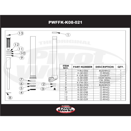 Kit réfection de fourche (joints et bagues) PIVOT WORKS pour KAWASAKI KLXR 450, KXF 450 de 2006 à 2009