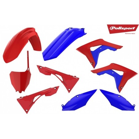 Red and blue POLISPORT plastic fairing kit for HONDA CRF 250, 450 from 2017 to 2021