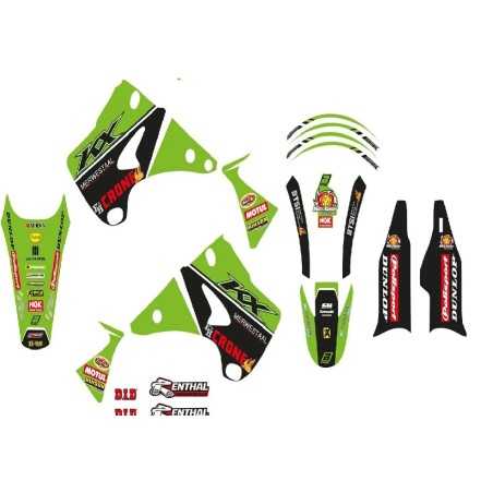 Grafik-Set mit Sitzbankbezug „Replica Team Kawasaki H&F 2022“ BLACKBIRD RACING für KAWASAKI KX 125 und KX 250 der Modelljahre 20
