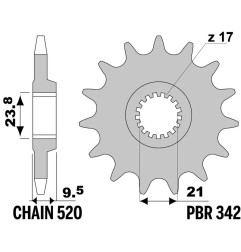 Piñón de acero PBR paso 520 para HONDA CR 250, CR 500, CRF 450, CRF 450 X y HM CRE 450, CRE-F 450 X, CRE-F 500 X, CREF 450