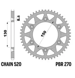 Corona de aluminio PBR paso 520 para YAMAHA YZ 125, FANTIC XE 125, HONDA NX 650 DOMINATOR y RIEJU MARATHON 250 de 1988 - 270