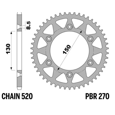 Corona de aluminio PBR paso 520 para YAMAHA YZ 125, FANTIC XE 125, HONDA NX 650 DOMINATOR y RIEJU MARATHON 250 de 1988 - 270