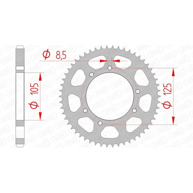 Corona de acero AFAM paso 428 para HM CRE 50 BAJA, DERBI SENDA 125 SM, RIEJU TANGO 125 y VENT BAJA 50 de 2003 a 2025 Corona de acero AFAM paso 428 para HM CRE 50 BAJA, DERBI SENDA 125 SM, RIEJU TANGO 125 y VENT BAJA 50 de 2003 a 2025