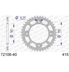 Couronne alu AFAM 40 dents, pas 415 pour KTM SX 50, SX 50 MINI, HUSQVARNA TC 50, TC 50 MINI et GAS GAS MC 50 de 2014 à 2027