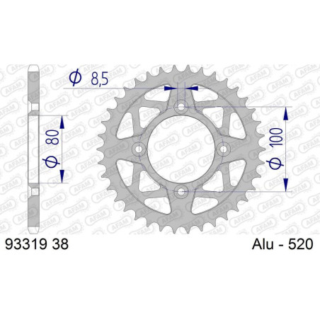 Corona de aluminio AFAM 38 dientes, paso 520 para SCORPA SY 250, SYF 250 de 2000 a 2009