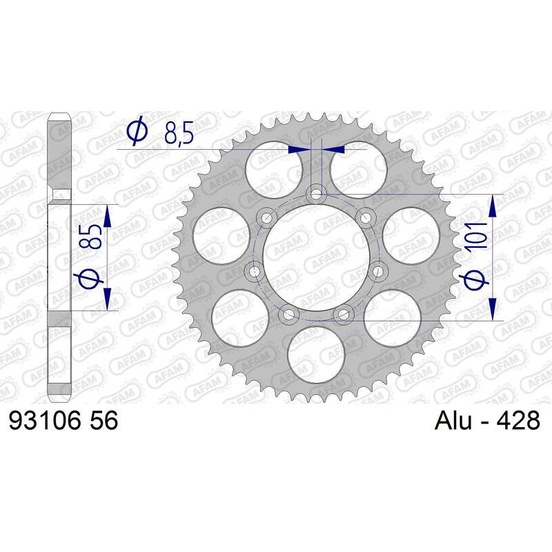 Corona de aluminio AFAM 56 dientes, paso 428 para TM RACING EN 80, MX 80, MX 85 de 1993 a 2005 Corona de aluminio AFAM 56 dientes, paso 428 para TM RACING EN 80, MX 80, MX 85 de 1993 a 2005