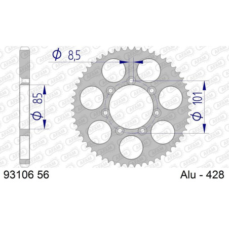 Couronne alu AFAM 56 dents, pas 428 pour TM RACING EN 80, MX 80, MX 85 de 1993 à 2005