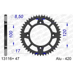 AFAM aluminium rear sprocket 47T, 420 pitch for BETA RR 50, RR 50 MOTARD TRACK, RRT 50, RRT 50 MOTARD and YAMAHA YZ 65 2000-2027