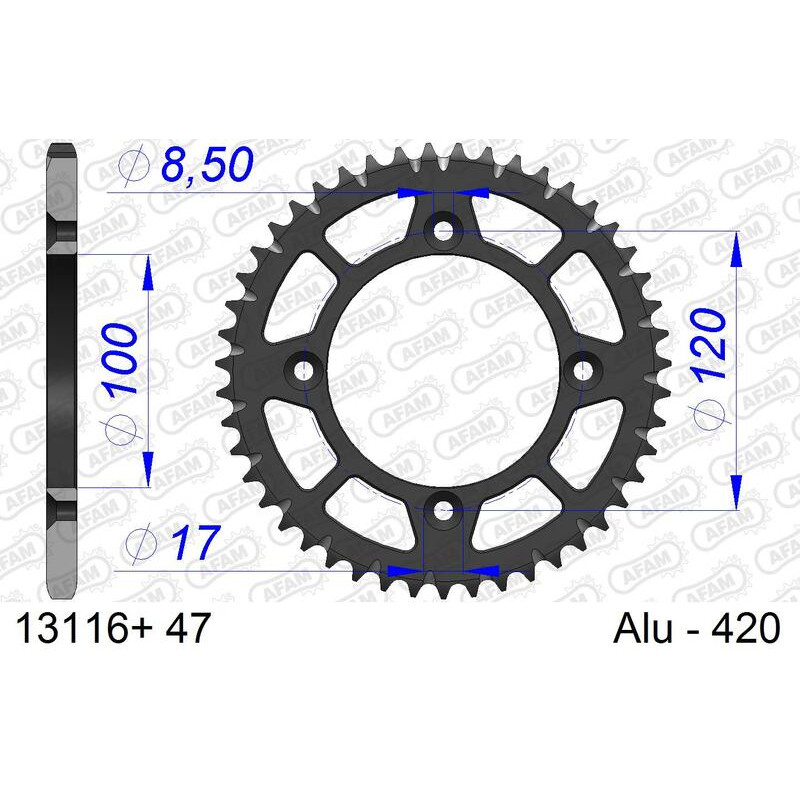 Corona de aluminio AFAM 47 dientes, paso 420 para BETA RR 50, RR 50 MOTARD TRACK, RRT 50, RRT 50 MOTARD y YAMAHA YZ 65