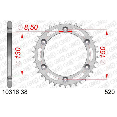 Couronne acier AFAM 38 dents, pas 520 pour HONDA XL 350, XR 350 de 1984 à 1988