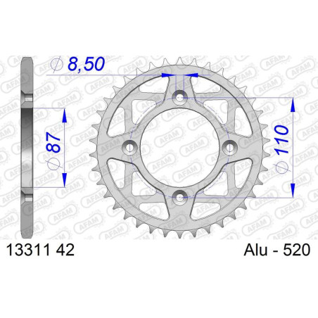 Couronne alu AFAM 42 dents, pas 520 pour YAMAHA TY 250 de 1986 à 1992
