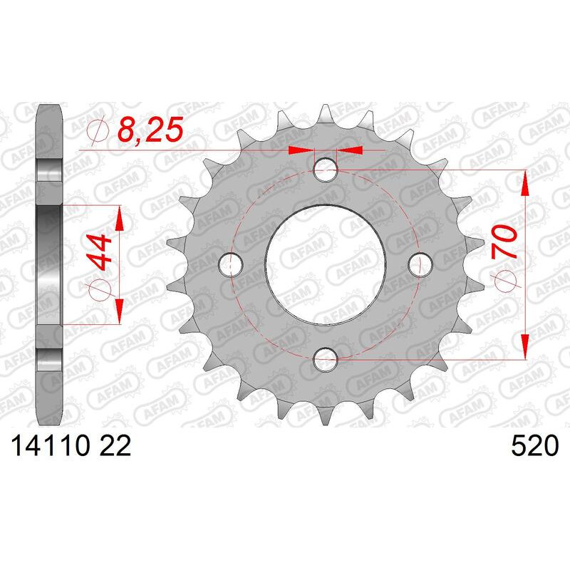 Couronne acier AFAM 22 dents, pas 520 pour SUZUKI LT 80 QUADRUNNER 2WD et KAWASAKI KFX 80 de 1987 à 2006