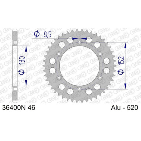 AFAM aluminium rear sprocket 46T, 520 pitch for APRILIA MXV 450, RXV 450, RXV 550, SXV 450, SXV 550 2005-2017