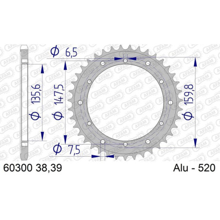 AFAM Kettenrad Alu 39 Zähne, Teilung 520 für FANTIC TRIAL 125 1979-1992