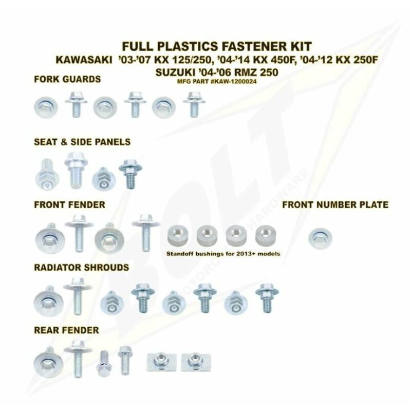 Kit vis complet de plastiques BOLT pour KAWASAKI KX 125, KX 250, KXF 250, KXF 450 et SUZUKI RMZ 250 de 2003 à 2018