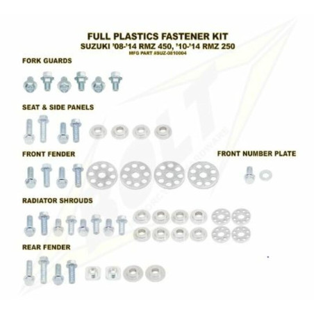 Kit vis complet de plastiques BOLT pour SUZUKI RMZ 250, RMZ 450 de 2008 à 2018