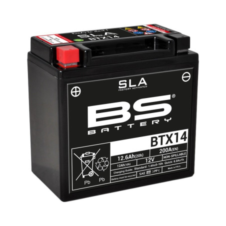 BS BATTERY SLA Wartungsfreie Batterie Werkseitig aktiviert - BTX14 für HONDA, KAWASAKI, SUZUKI und HUSQVARNA 1979-2025