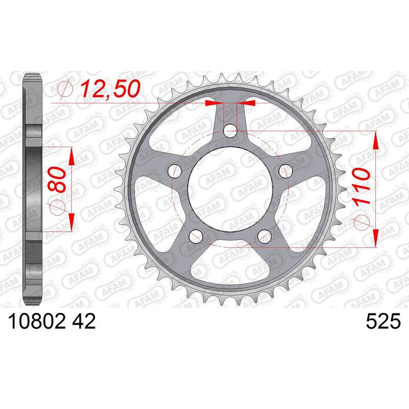 Couronne acier AFAM 42 dents, pas 525 pour HONDA XRV 750 AFRICA TWIN et YAMAHA YZ 85 de 1990 à 2012