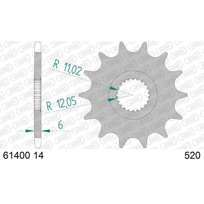 Pignon acier AFAM 14 dents, pas 520 pour CAN-AM DS 450, DS 450 X de 2008 à 2009