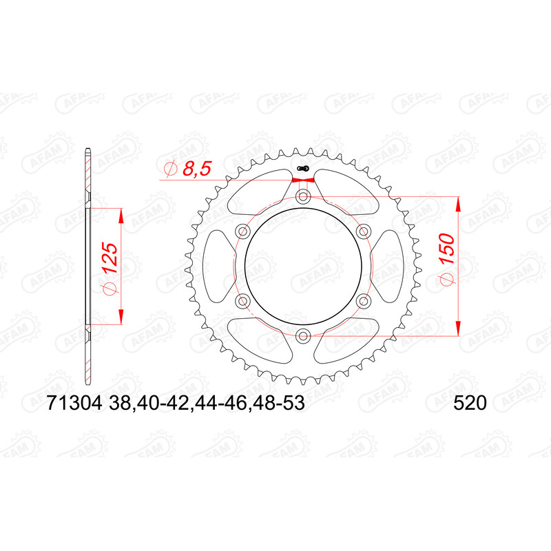 Piñón de acero AFAM paso 520 para KTM ENDURO 690, HUSQVARNA SUPERMOTO 701, GAS GAS ES 700 y CF MOTO MT 800 EXPLORE