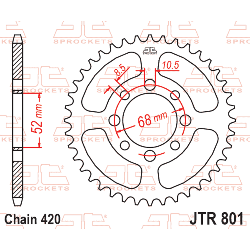 Corona de acero JT SPROCKETS paso 420 para SUZUKI DRZ 110, LT 50 QUADRUNNER 2WD, RM 50, TS 50 ERK, TS 50 XK y KAWASAKI KLX 110