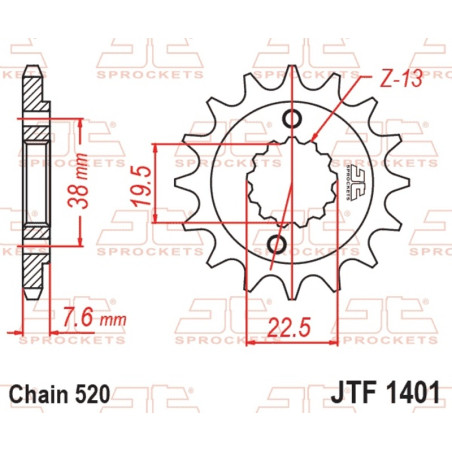 Pignon acier JT SPROCKETS pas 520 pour SUZUKI LT-R 450 QUADRACER 2WD, LTZ 400 et KAWASAKI KFX 400 de 2003 à 2018