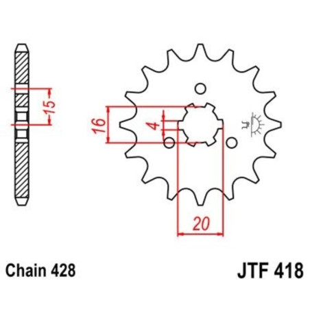 JT SPROCKETS steel front sprocket 15T, 428 pitch for KAWASAKI KE 100, KE 125, KX 125 1977-1996