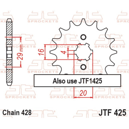 Pignon acier JT SPROCKETS 16 dents, pas 428 pour SUZUKI TS 125, TS 125 ER, TS 80 X de 1971 à 1994