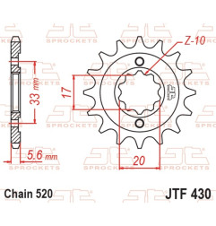 Pignon acier JT SPROCKETS pas 520 pour SUZUKI RMZ 250 et KAWASAKI KXF 250 de 2004 à 2006