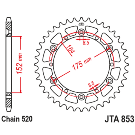 JT SPROCKETS Kettenrad Alu Teilung 520 für YAMAHA IT 250, WR 250, YZ 125, YZ 250, YZ 490 1981-1998