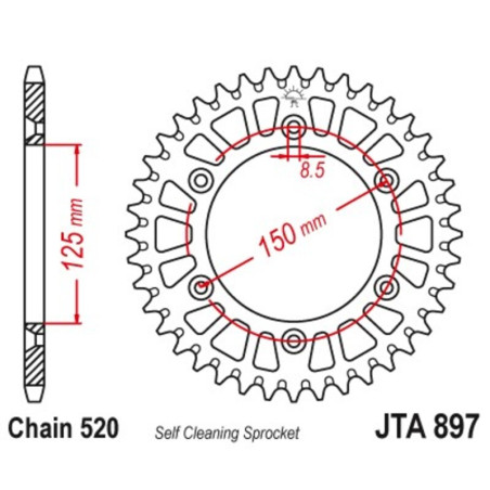 Couronne alu JT SPROCKETS pas 520 pour KTM EXC 250, HUSQVARNA TC 250, HUSABERG FE 501 et GAS GAS EC 250 de 1984 à 2027