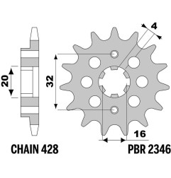 PBR aluminium front sprocket 14T, 428 pitch for FANTIC CABALLERO 125, XMF 125 and BETA RR 125, RR 125 T 4T 2021-2026