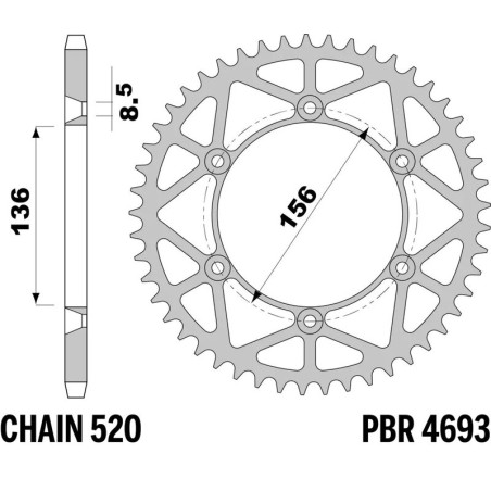Couronne acier PBR pas 520 pour HUSQVARNA WR 125, WR 250, GAS GAS EC 200, EC 250, SHERCO SEF 250, SEF 300 et BETA RR 450, RR 480