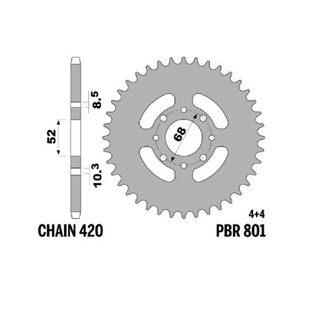 Kit chaîne EK/PBR 420 SR - 12/51-124 - Couronne acier standard pour SUZUKI TS 50 XK de 1984 à 1994