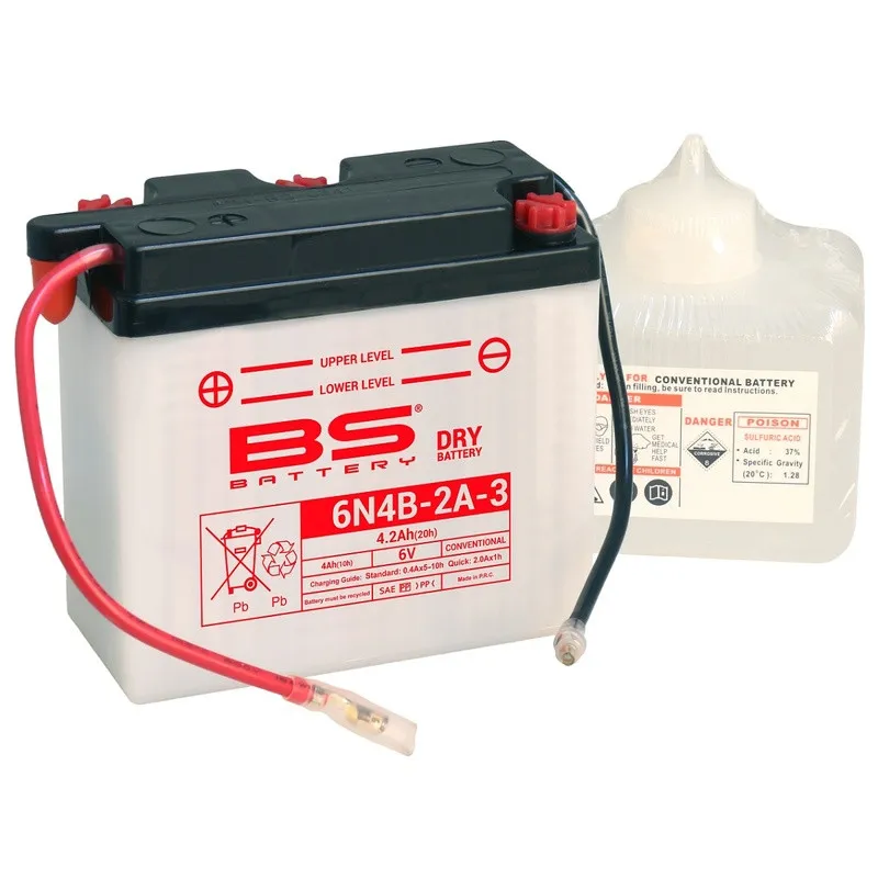 BS BATTERY Battery Conventional with Acid Pack - 6N4B-2A-3 for SUZUKI DR 500 S, TS 100, TS 185 and YAMAHA RT 100 1973-2000