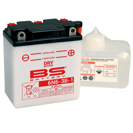 Batería BS BATTERY 6N6-3B-1 para YAMAHA DT 125, XT 250, XT 500 y KAWASAKI KE 100 de 1982 a 1996