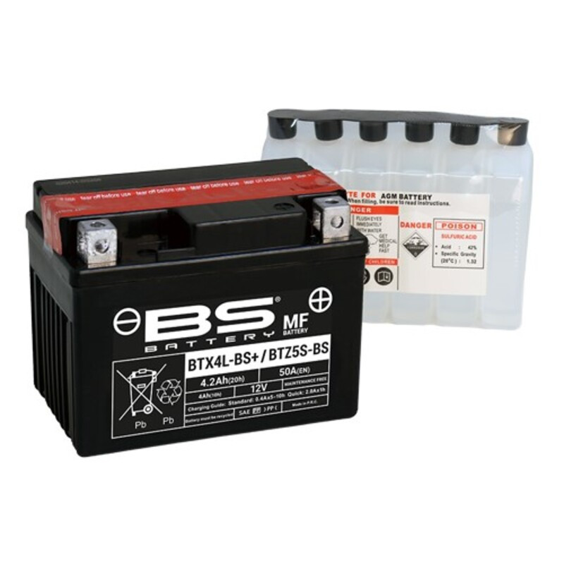 Batterie BS BATTERY sans entretien avec pack acide - BTX4L-BS+ / BTZ5S-BS pour KTM, HONDA, CAN-AM et APRILIA de 1976 à 2026